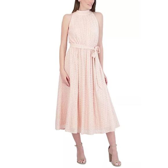 Robbie Bee Womens Floral Lace Sleeveless Tie Waist Dress in Blush Pink Large $79 - Picture 1 of 7
